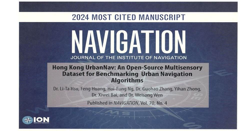 UrbanNav paper receives ION Most Cited Paper Award