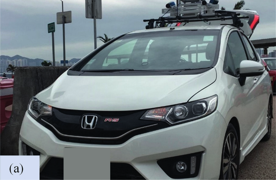 Existing white UrbanNav data collection vehicle with roof-mounted sensors.