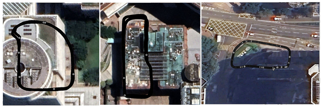 Google Earth views of experiment trajectories A, B, and C.